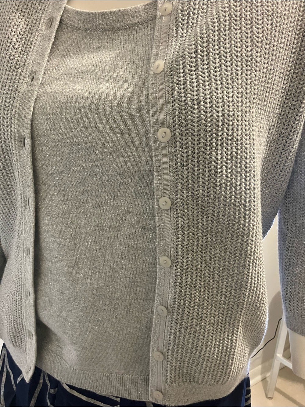 Talbots Petites Silver Shimmer Knit Cardigan Tank Set Medium Petite
